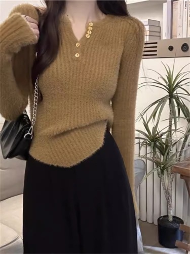 Imitation mink wool sweater for women autumn and winter  new slim long-sleeved short inner layering top