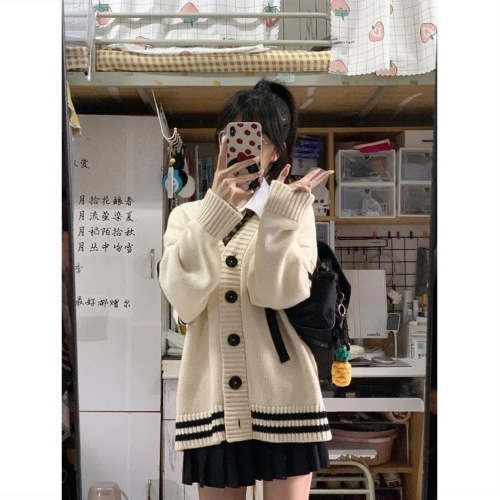 Japanese college style v-neck sweater jacket for women  autumn new loose student outer knitted cardigan top