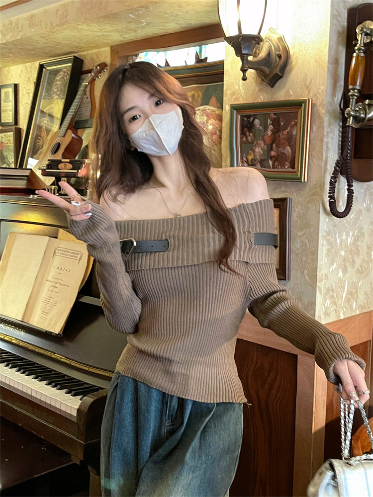 實拍性感辣妹一字肩長袖針織衫女秋冬露肩顯瘦緊身上衣