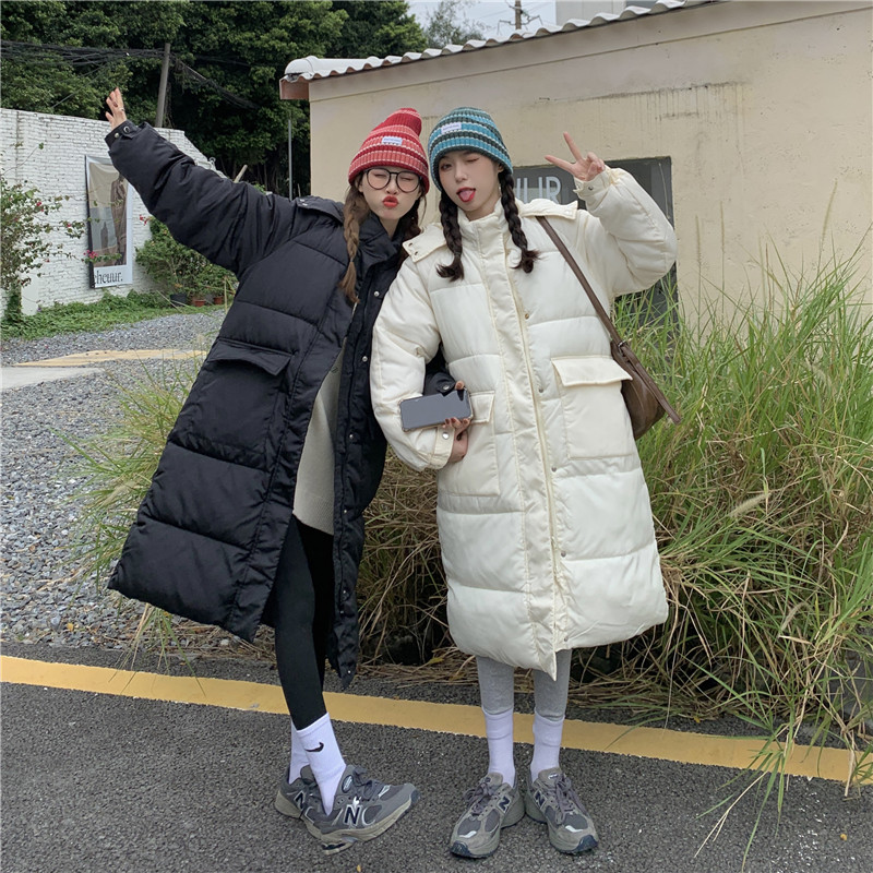 實拍~中長款棉服女2023年冬季新款韓版百搭夾棉加厚連帽棉衣