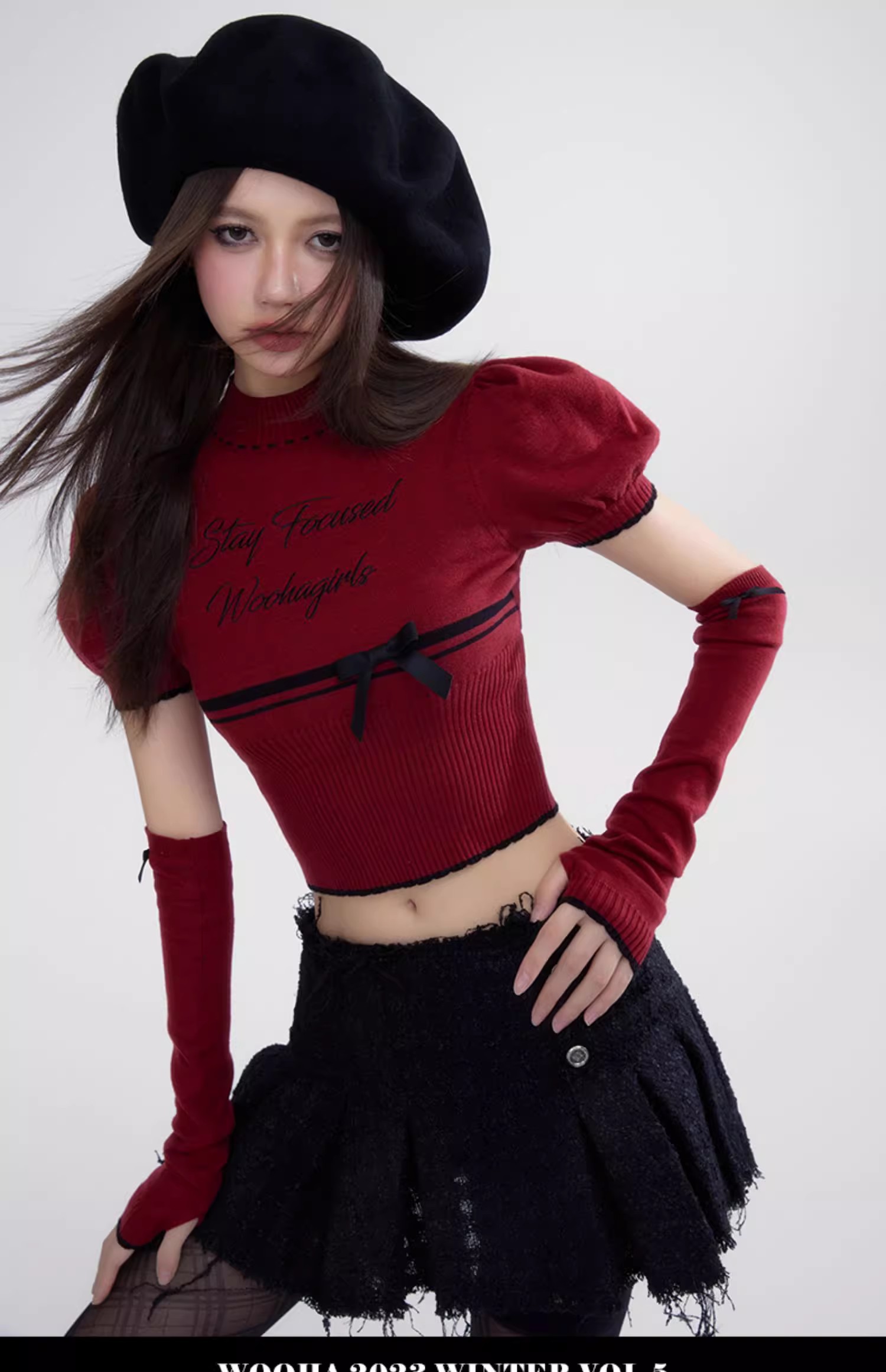 WooHa/吾哈2023冬季新款半高領針織衫甜美短款泡泡袖聖誕毛衣女