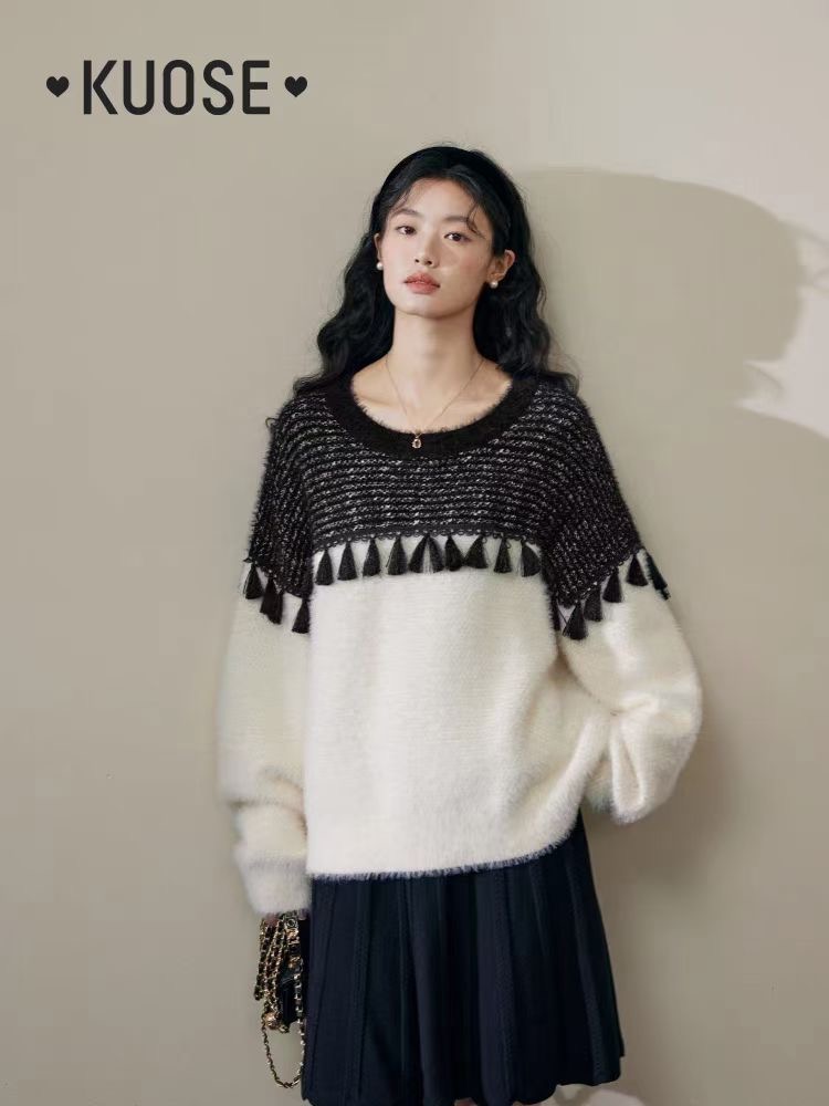 闊色黑白拼接流蘇毛衣女2023秋冬季新款撞色針織衫慵懶風上衣
