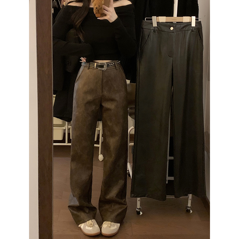 實拍2023秋冬季新款修身叭顯瘦高腰皮革pu長褲皮褲女