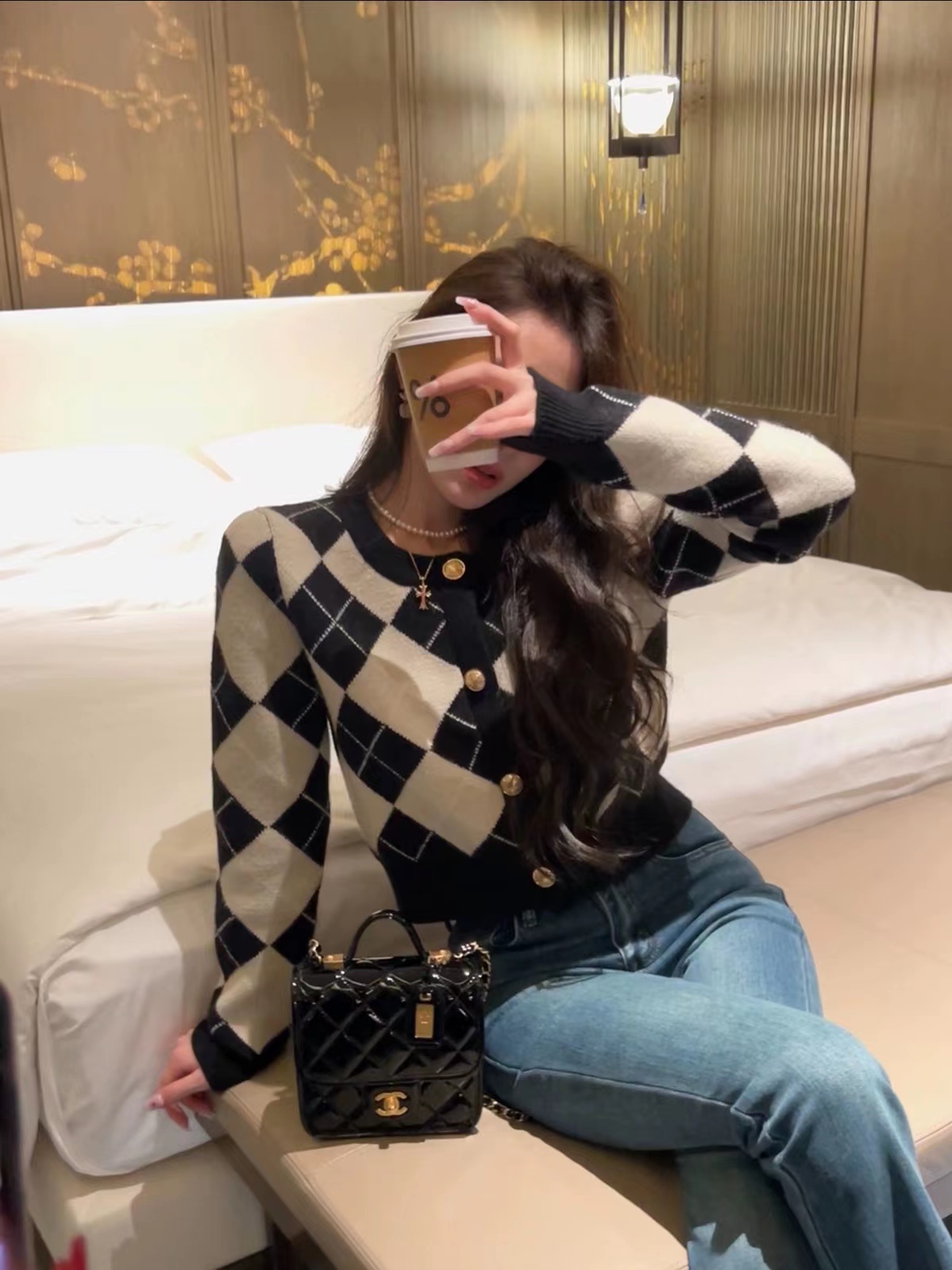秋季格子圓領開衫加厚修身慵懶復古短款毛衣設計感女小眾