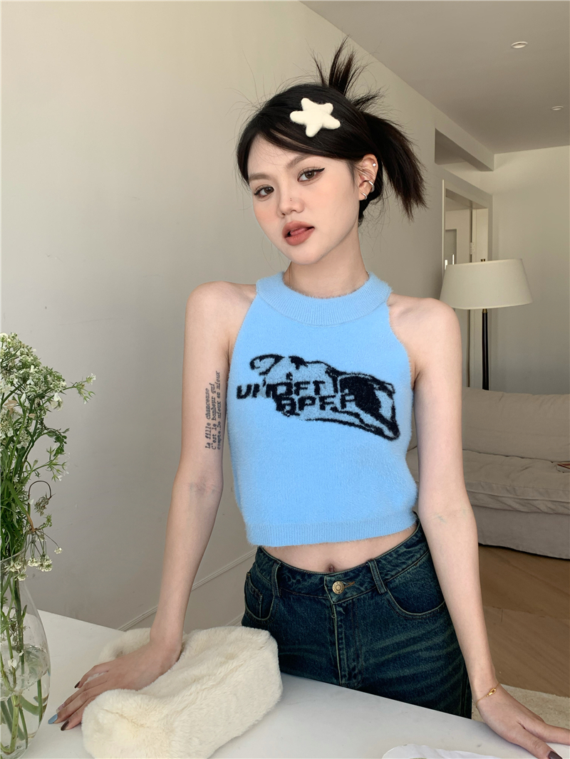 實拍 復古辣妹掛脖設計感顯瘦毛織背心