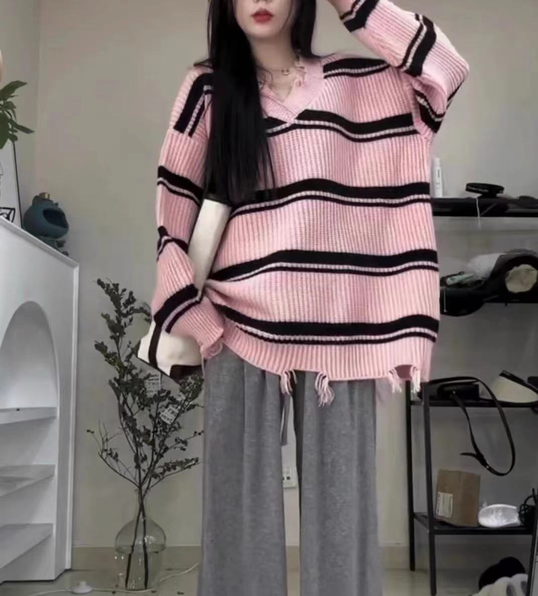 2023 new autumn and winter Korean style retro loose V-neck raw edge tassel hole lazy style striped knitted sweater for women