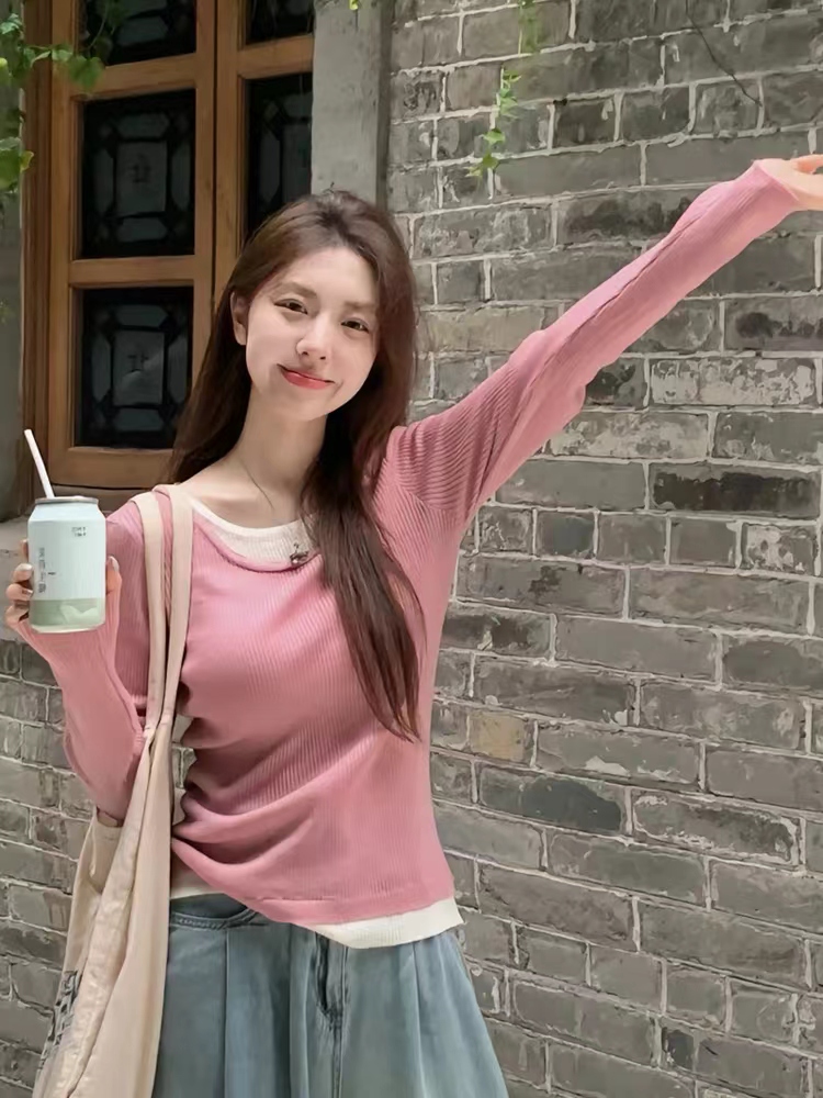 Small autumn high-end chic long-sleeved fake two-piece design top women's right shoulder T-shirt knitted bottoming shirt