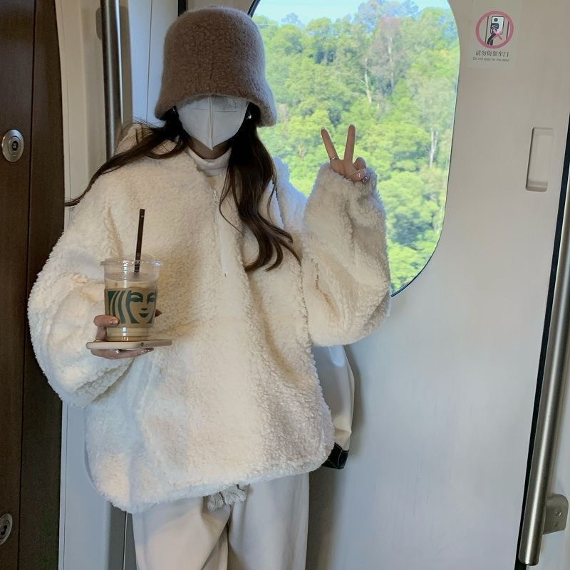 羊羔毛衛衣女2023新款秋冬減齡可愛寬鬆學生chic連帽拉鏈外套