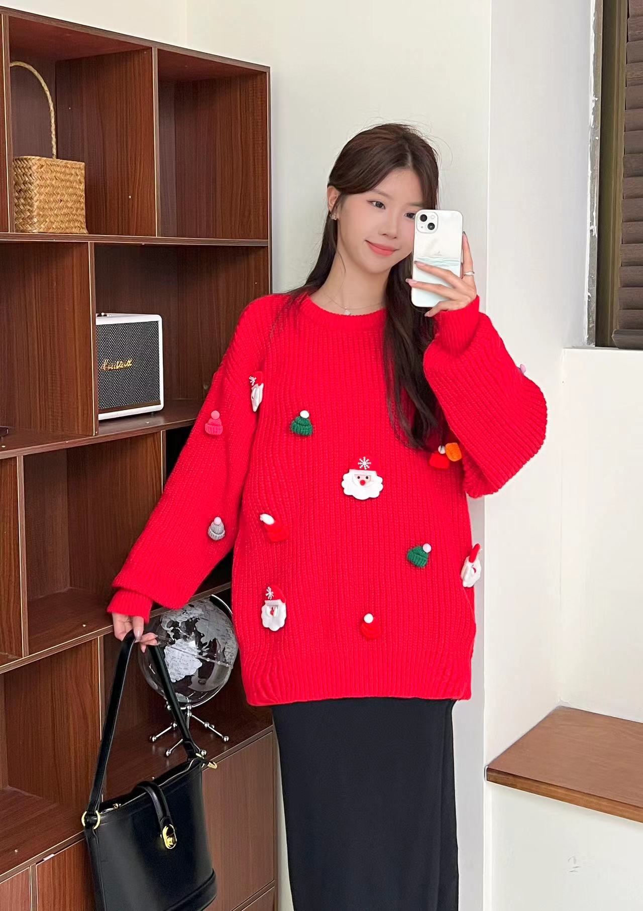 聖誕紅色毛衣女過年喜慶針織立體聖誕老人外穿秋冬慵懶風寬鬆上衣
