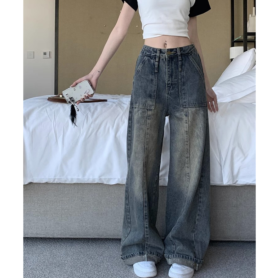 美式復古做舊直筒牛仔褲女秋季新款高腰寬鬆顯瘦設計感小眾闊腿褲