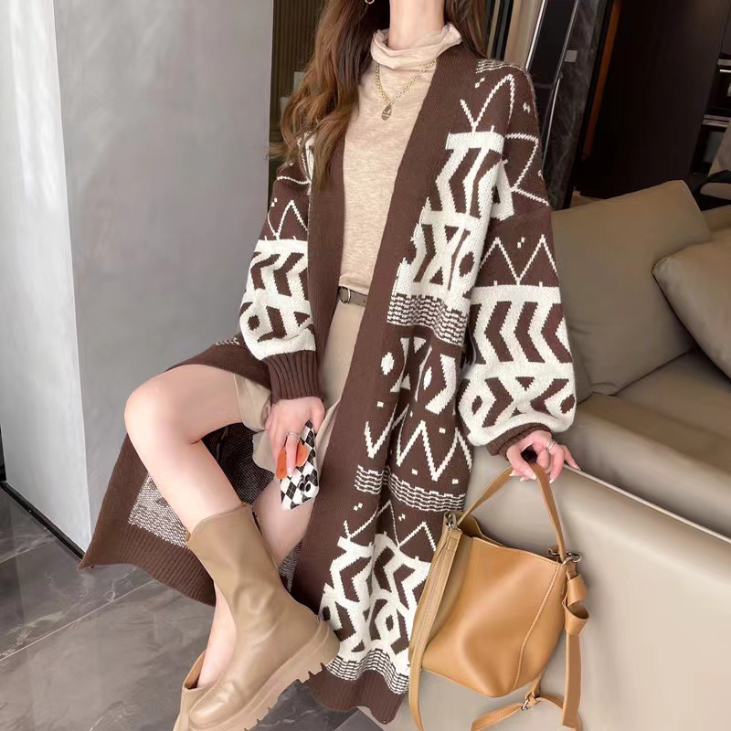 Korean style sweater jacket cardigan for women autumn and winter long over the knee loose slim design retro lazy style sweater
