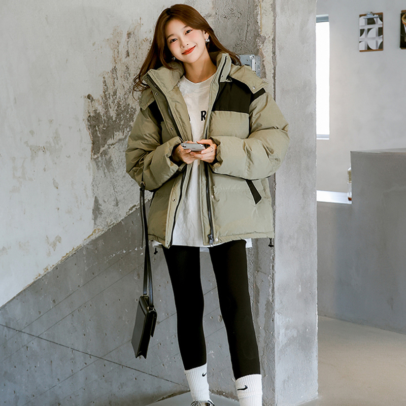 連帽棉服女秋冬季設計款撞色寬鬆加厚麵包服中長款棉衣外套