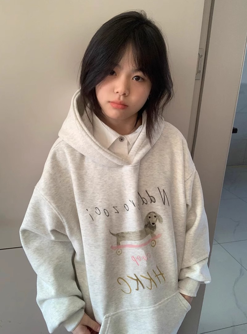 CVC棉麵食毛華棉複合/牛奶絲300克銀狐絨400克前 印花連帽衛衣女