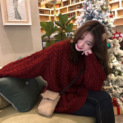  New Gentle Bottoming Shirt Red Sweater Women's Autumn and Winter Lazy Chic Knitted Sweater Top