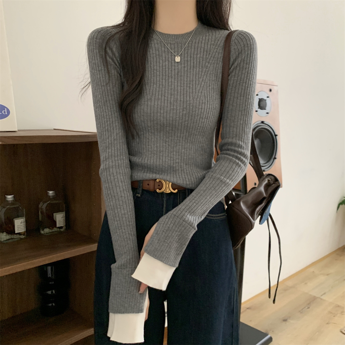 實拍 秋冬韓版修身撞色喇叭袖氣質內搭顯瘦針織打底衫毛衣女