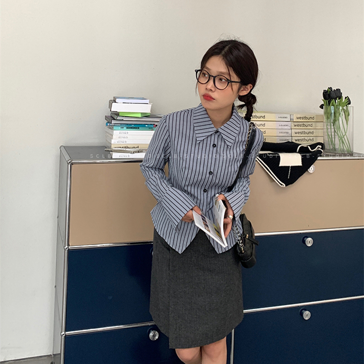 條紋襯衫女疊穿秋季新款學院風溫柔減齡別致設計感小眾長袖上衣女