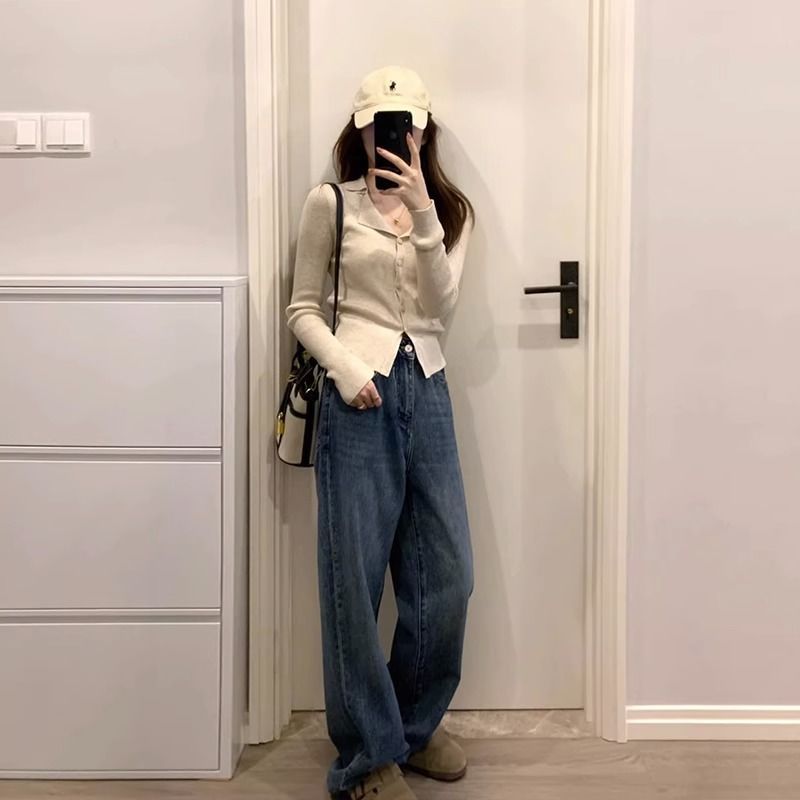 法式翻領長袖針織開衫女秋冬2023新款小眾修身打底短款上衣包芯紗