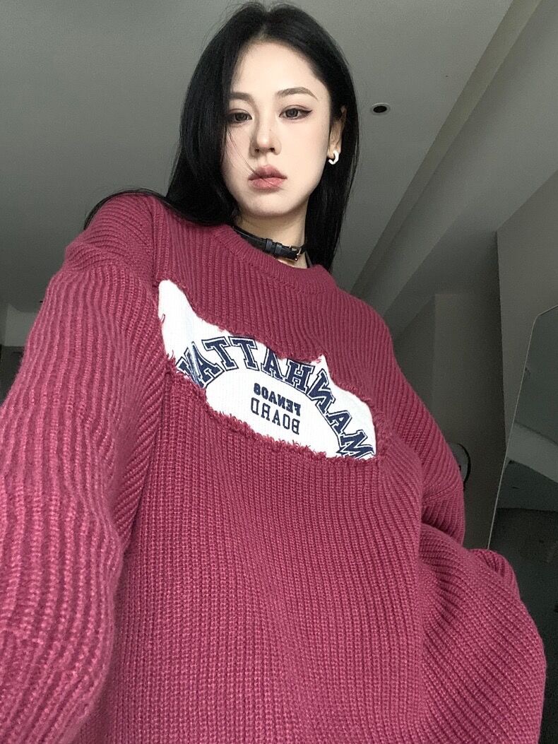 Destructive sense of irregular design splicing round neck knitted sweater casual loose white top Korean style ins