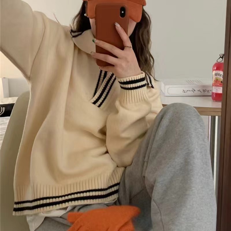 Gentle wind soft waxy pullover sweater for women 2023 autumn and winter new style loose lazy high-end knitted top