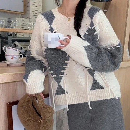 Design niche diamond drawstring sweater women's autumn and winter new casual lazy style contrasting color sweater short top