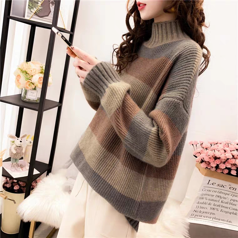 Thickened Half Turtleneck Sweater Women's Pullover 2023 Autumn and Winter New Style Striped Loose Lazy Style Ins Super Hot Top