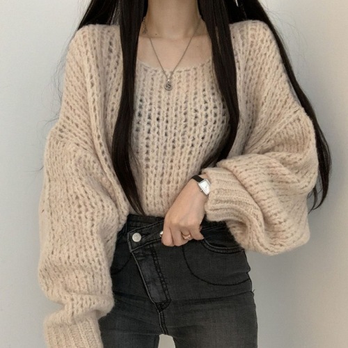Spring and autumn new style lazy style outer wear knitted T-shirt lantern sleeve wool knitted top female student design bottoming shirt