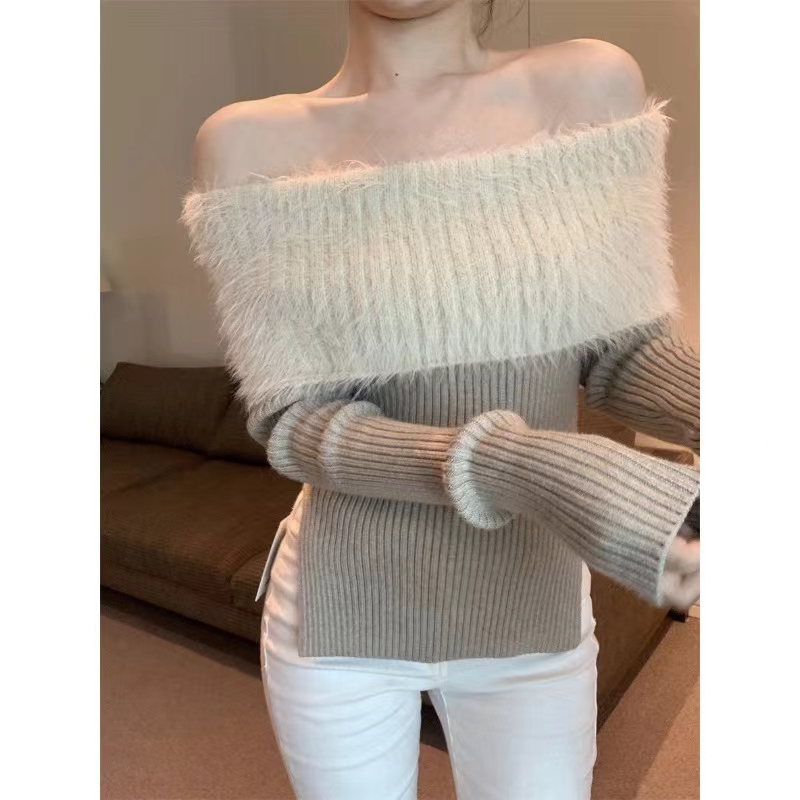 Mink velvet New Year's red sweater for autumn and winter, unique and chic pure lust hot girl one-shoulder top with women's bottoming shirt