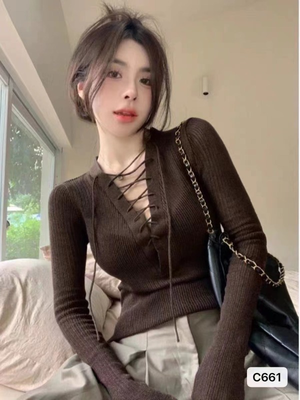 性感辣妹V領系帶微透設計長袖