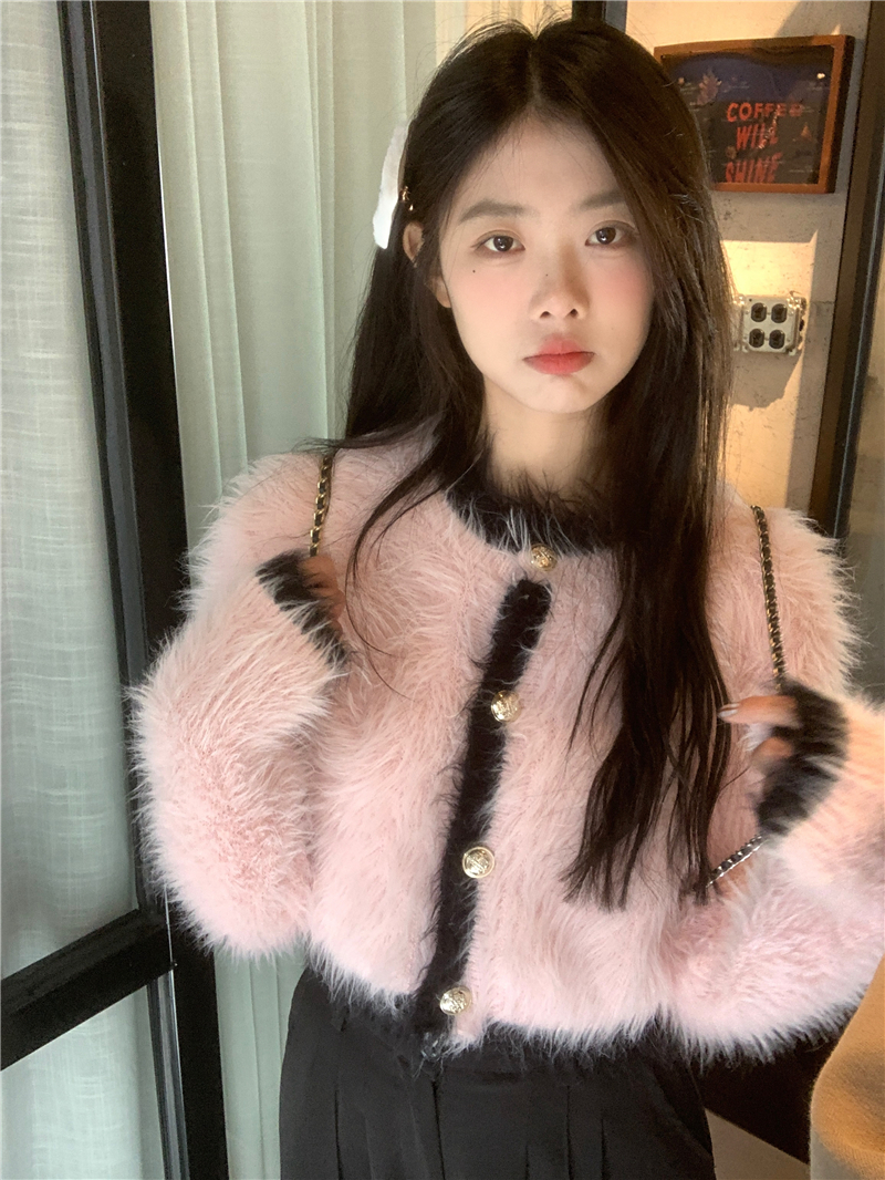 實拍 新款 撞色短款馬海毛長袖毛衣女冬季修身開衫外套