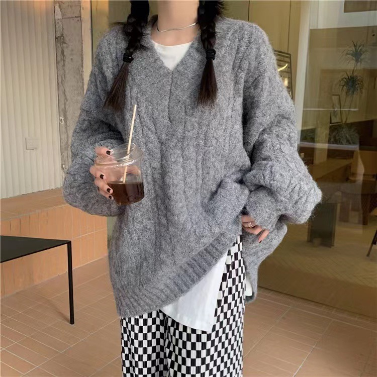 Retro thickened V-neck loose lazy style twist sweater for female students autumn and winter Korean style versatile sweater top trendy