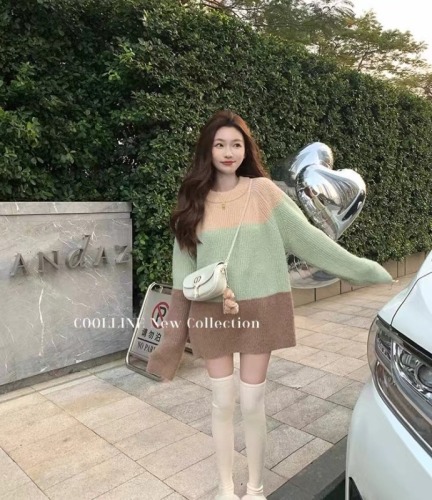 COOLLINE Lin Zixi mint toffee flavor white pullover sweater round neck loose lazy style top for women