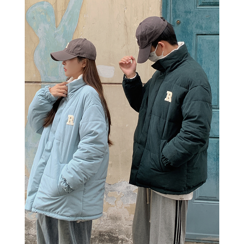 實拍雙面穿燈芯絨情侶羽絨棉服女羊羔毛韓版立領網紅ins加厚棉衣
