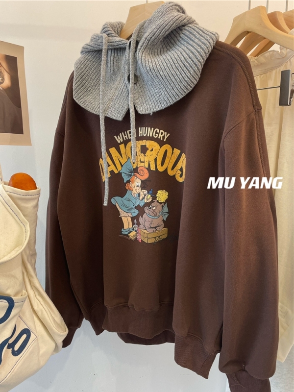 MUYANG 好可愛！韓國卡通理髮師女孩印花圓領嬰兒絨加厚保暖衛衣