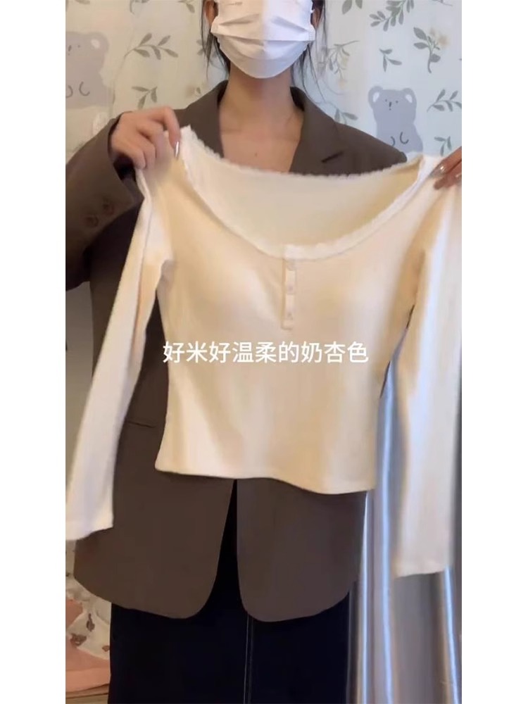 設計感小眾方領蕾絲拼接長袖T恤女春秋冬純欲內搭打底衫修身上衣