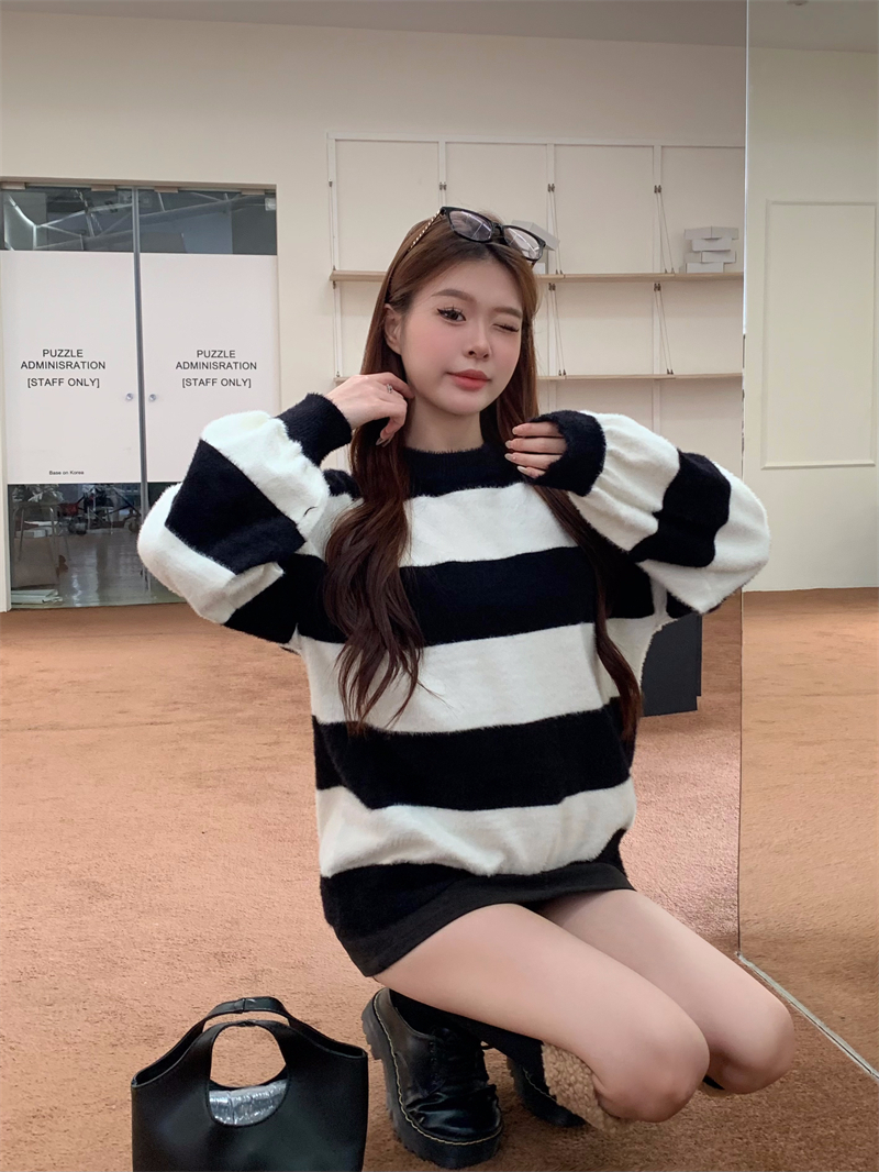 實拍 秋冬韓版條紋毛衣外搭女復古寬鬆中長款針織衫上衣