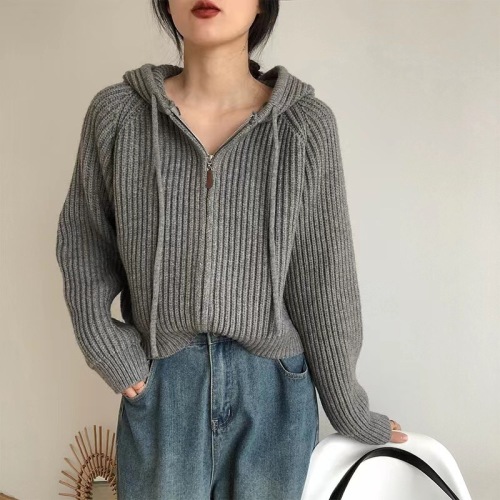 Hooded short knitted cardigan top spring women's  new Korean sweater jacket women's loose and lazy style