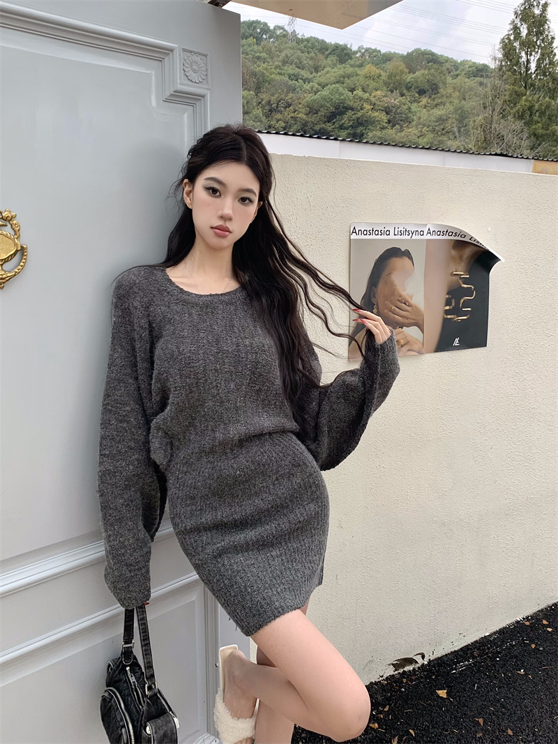 實拍   復古氣質修身顯瘦設計感針織毛衣連衣裙
