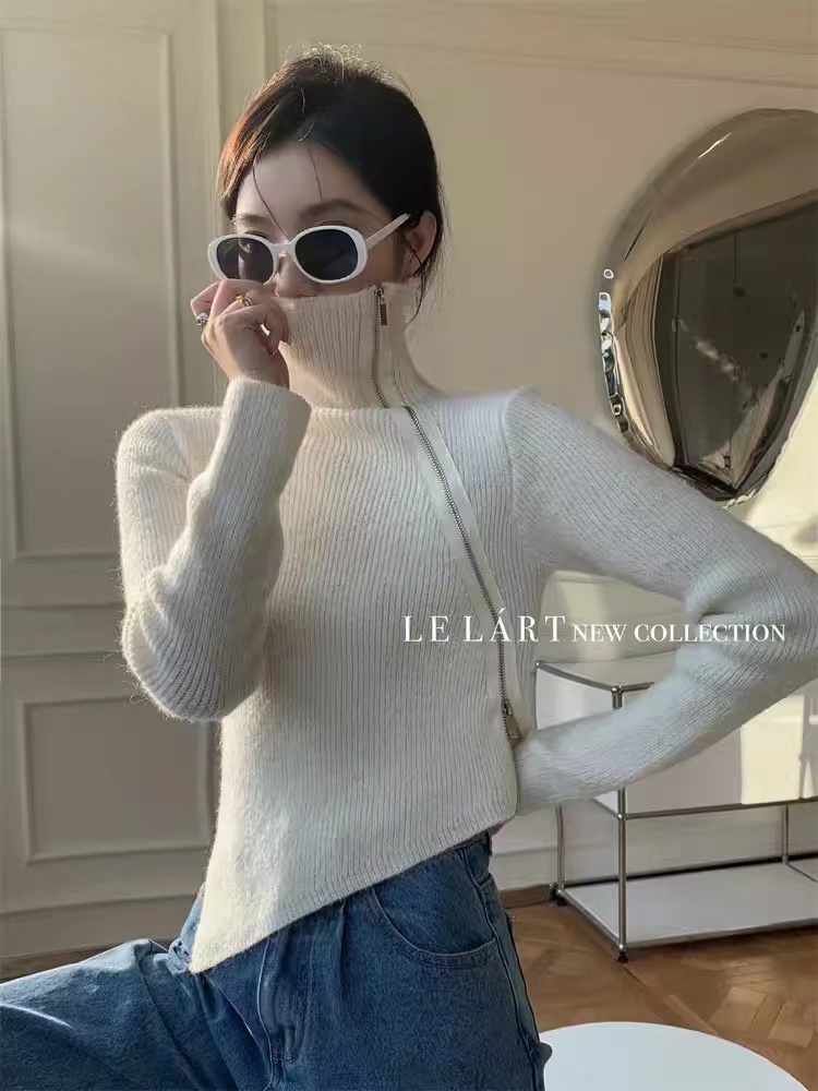 Thirteen lines of high-end European zipper turtleneck sweaters for women autumn and winter 2023 new irregular short sweaters