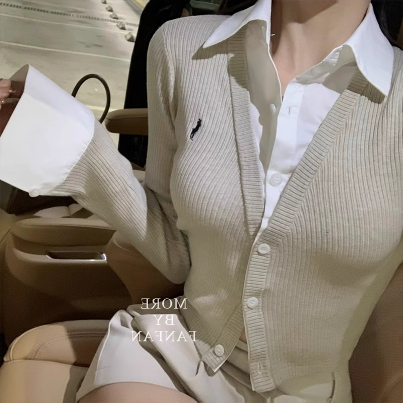 假兩件翻領polo領長袖針織開衫女春秋修身毛衣內搭打底衫短款上衣