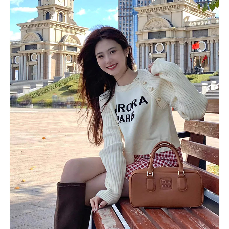 溫柔短款毛衣女字母提花設計感小眾別致針織衫甜美長袖上衣打底衫