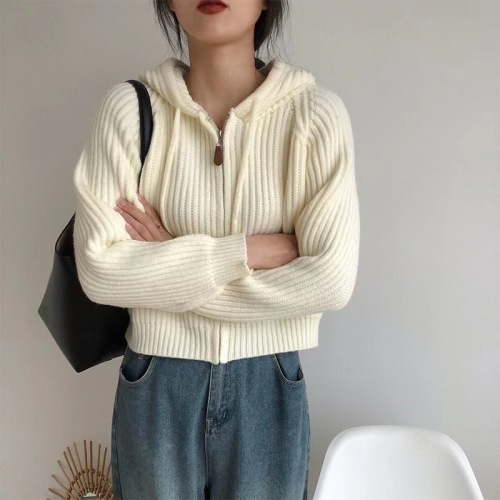 Hooded short knitted cardigan top spring women's  new Korean sweater jacket women's loose and lazy style