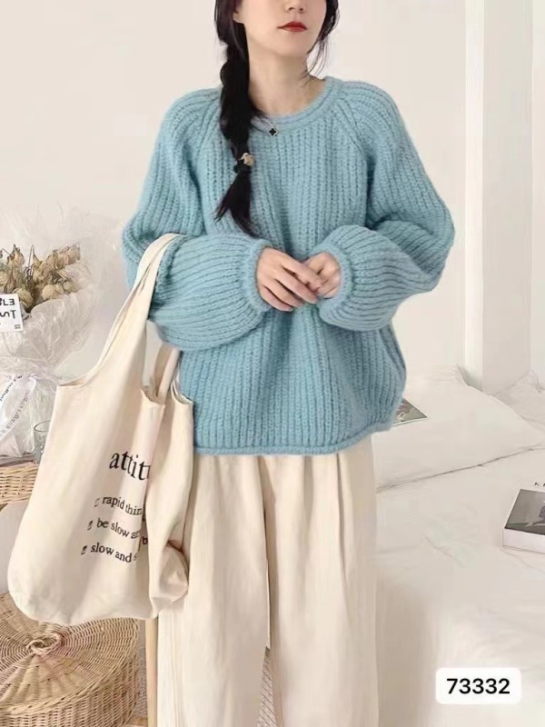 023秋冬韓系慵懶風圓領粗線加厚高品質長袖上衣女