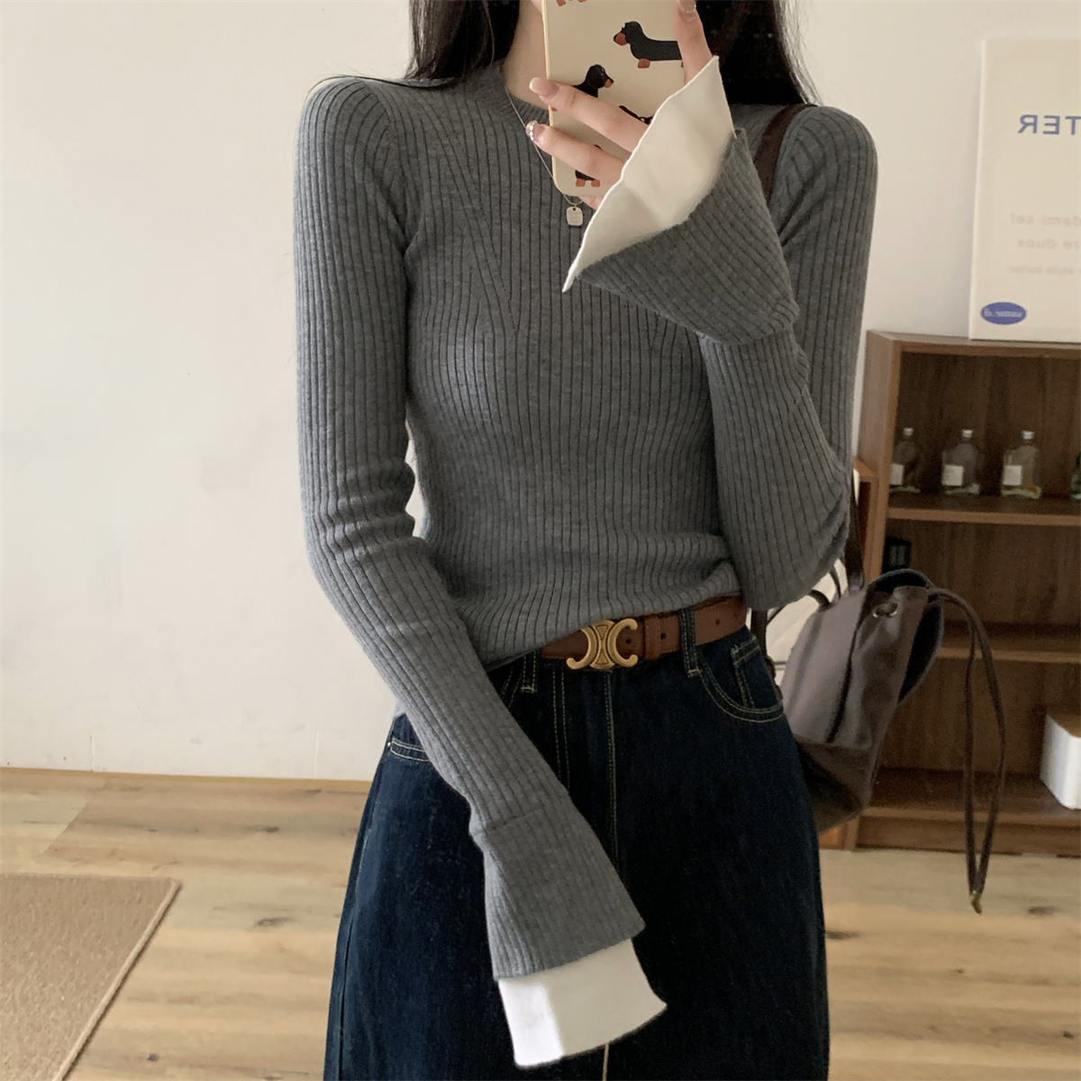 實拍 秋冬韓版修身圓領撞色喇叭袖內搭顯瘦針織打底衫毛衣女