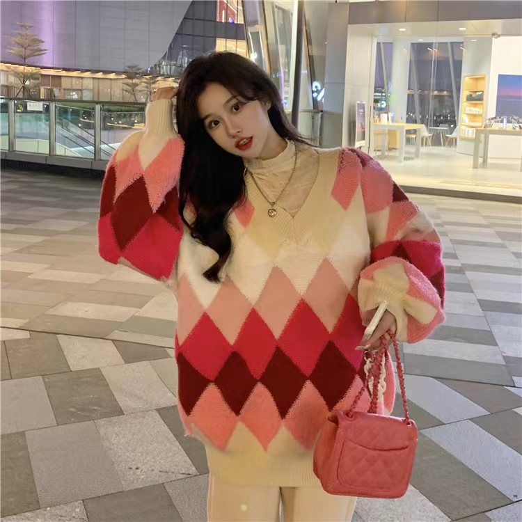 Lazy style rhombus sweater for women 2023 autumn and winter new Korean style gradient thickened loose coat knitted top