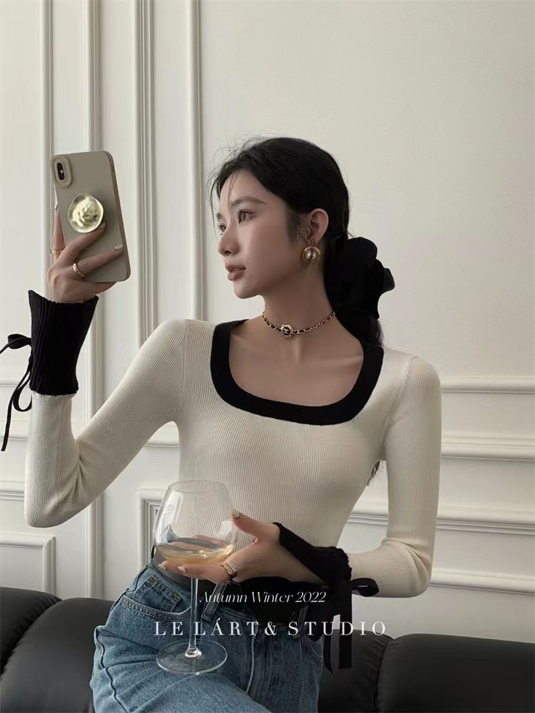 lelart French new sweater women's winter square collar elegant cuffs bow sweater slim color matching top