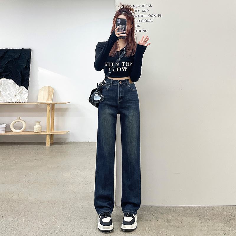實拍2023秋冬季時尚牛仔褲女加絨窄版直筒褲高腰顯瘦闊腿褲女