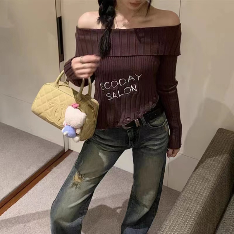 Autumn hot girl style one-line neckline irregular short slim long-sleeved sweater top for women