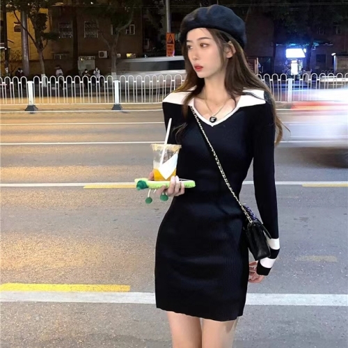  new spring, autumn and winter hot girl French slim long-sleeved sexy hip-covering polo knitted bottoming dress for women