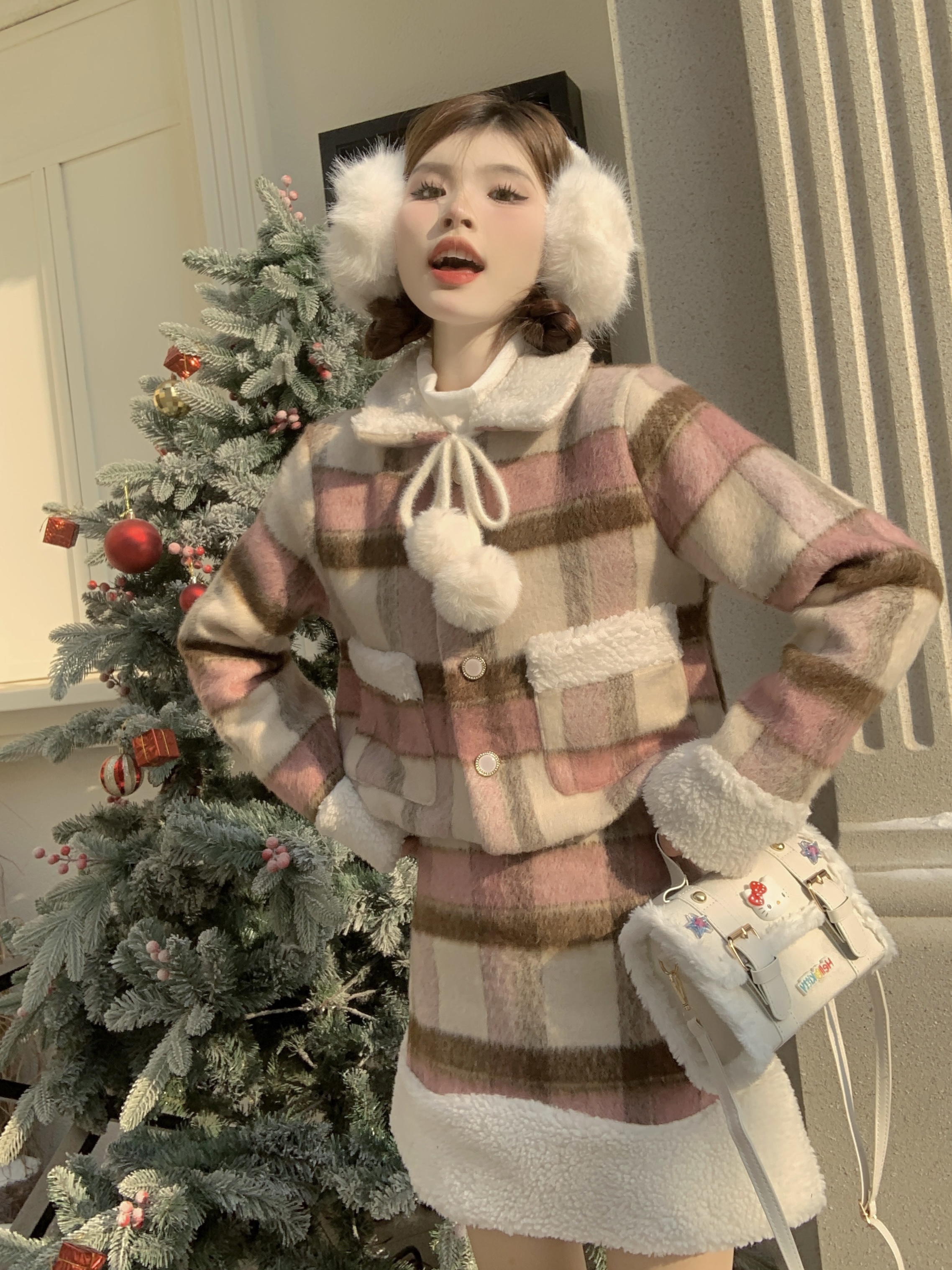 實拍  聖誕節過年套裝甜酷溫柔格子顯瘦氣質呢子短外套短裙女