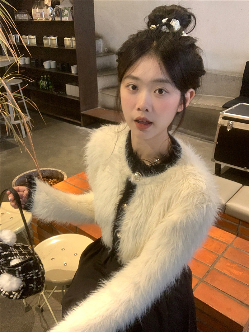實拍 新款 撞色短款馬海毛長袖毛衣女冬季修身開衫外套